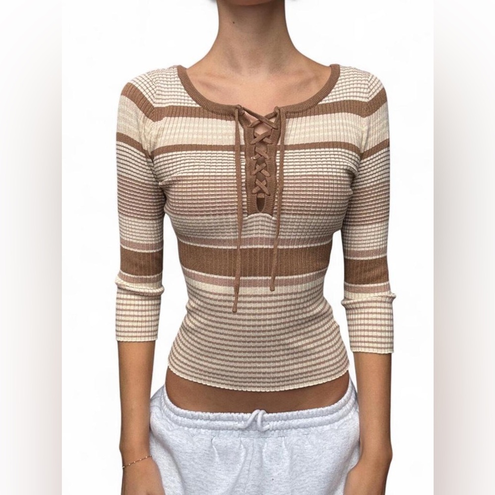 Ribbed Lace-Up Striped Crop Top - Beige/Tan